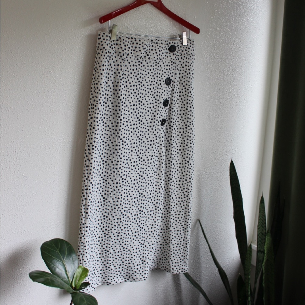 Black White Polka Dot Midi Skirt Button Front High Waist Flowy M
